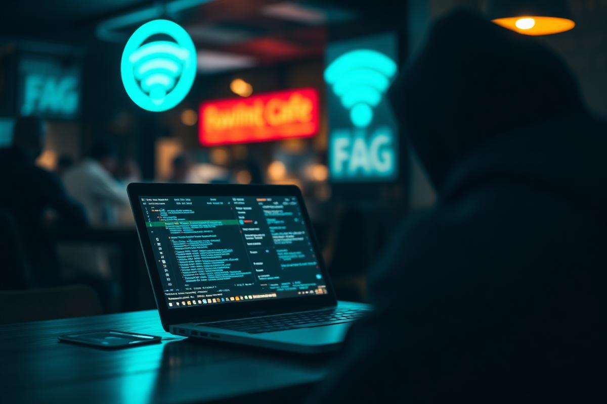 Laptop connected to a public Wi-Fi network in a dimly lit café